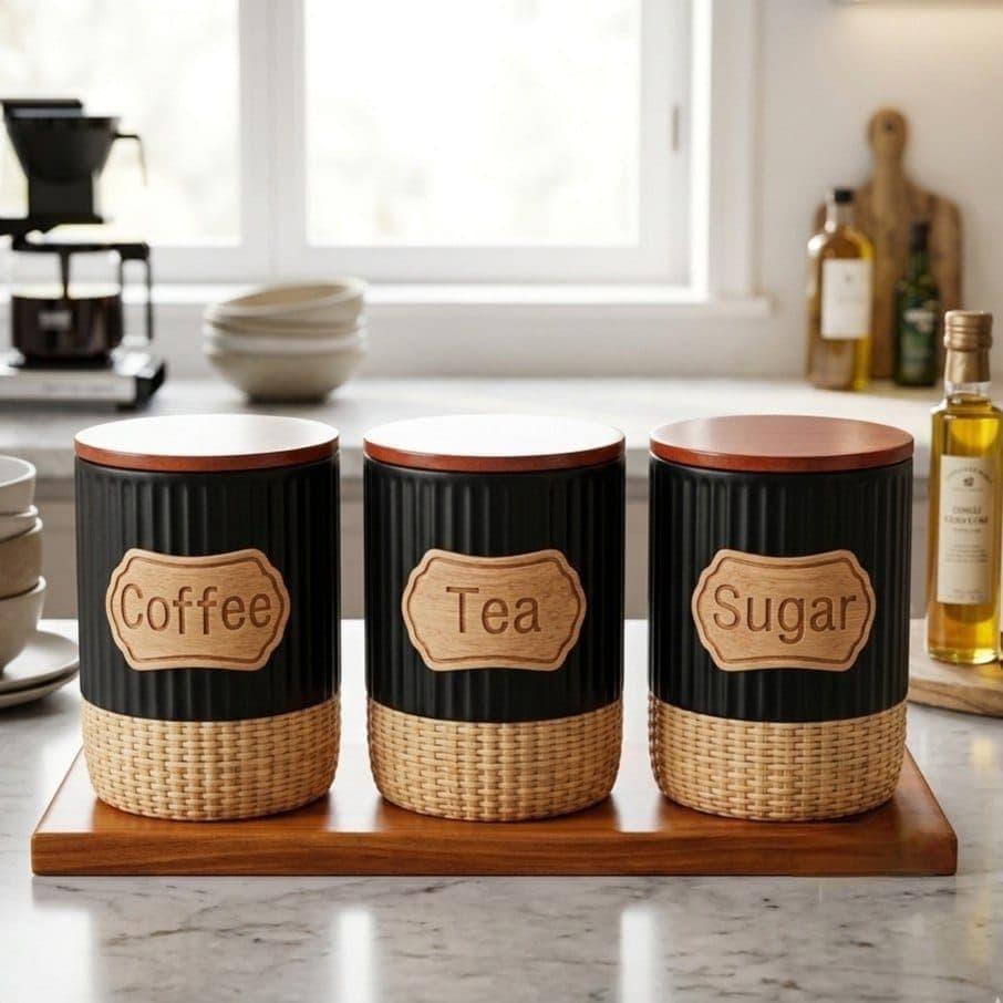 Generic Coffee Tea Sugar Canister Set of 3 with Wooden Lids, 750 ml, .Ais Food storage container