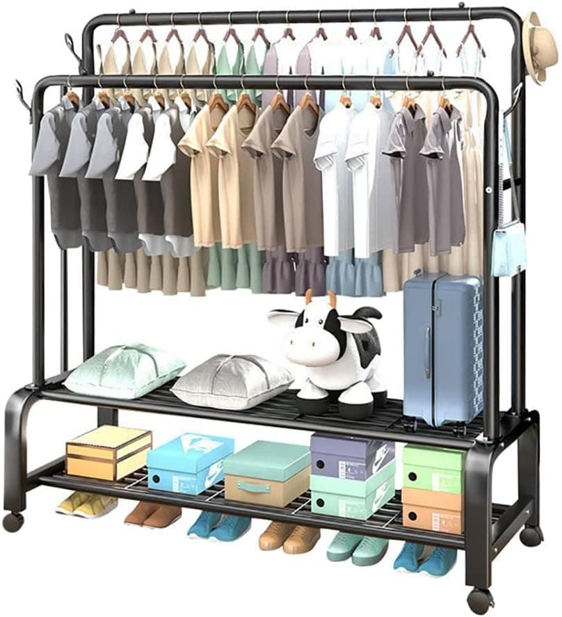 Heavy Duty Double Rod Metal Clothes Rack with Shelves for Shoes and Bags, Supports 35kg, 110x54x154cm, Durable Wardrobe Organizer for Home and Store