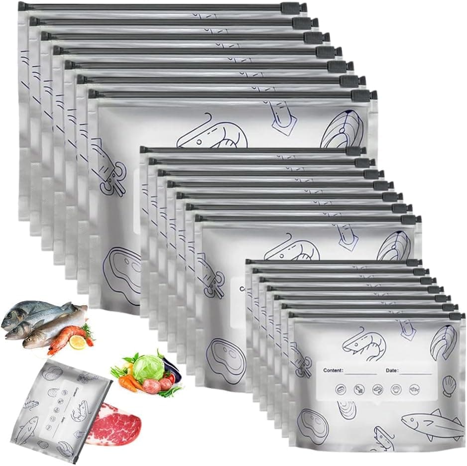 10 Pack Silver Freezer Food Storage Bags with Date & Label Space Organizer