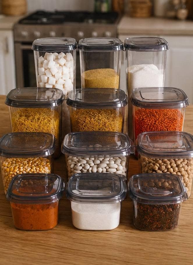 Generic Square Food Storage Container Set, Clear with Dark Lids, for Sugar, Flour, Legumes, Pasta, Spices, and Snacks, 12 Pieces, .hg