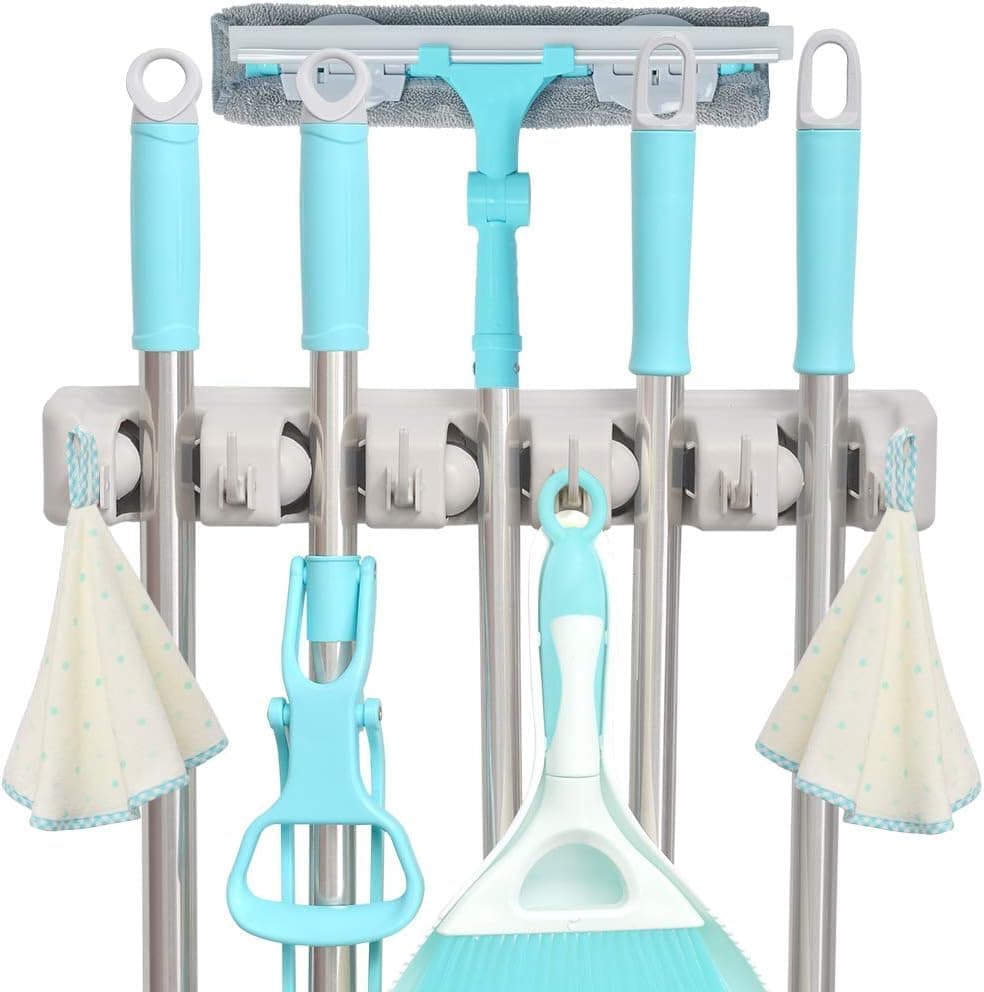 Wall Mounted Broom Holder with 5 Slots and 6 Hooks for Home Tool Storage Storage rack