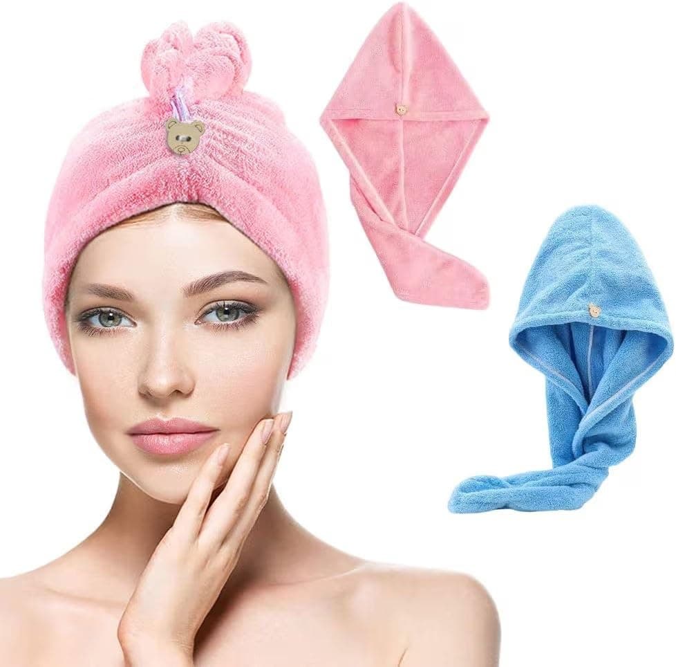 Soft Velvet Hair Drying Turban Ultra Absorbent Microfiber Hair Towel Wrap with Durable Button Snap Closure for Women Quick Dry Hair Cap One Piece