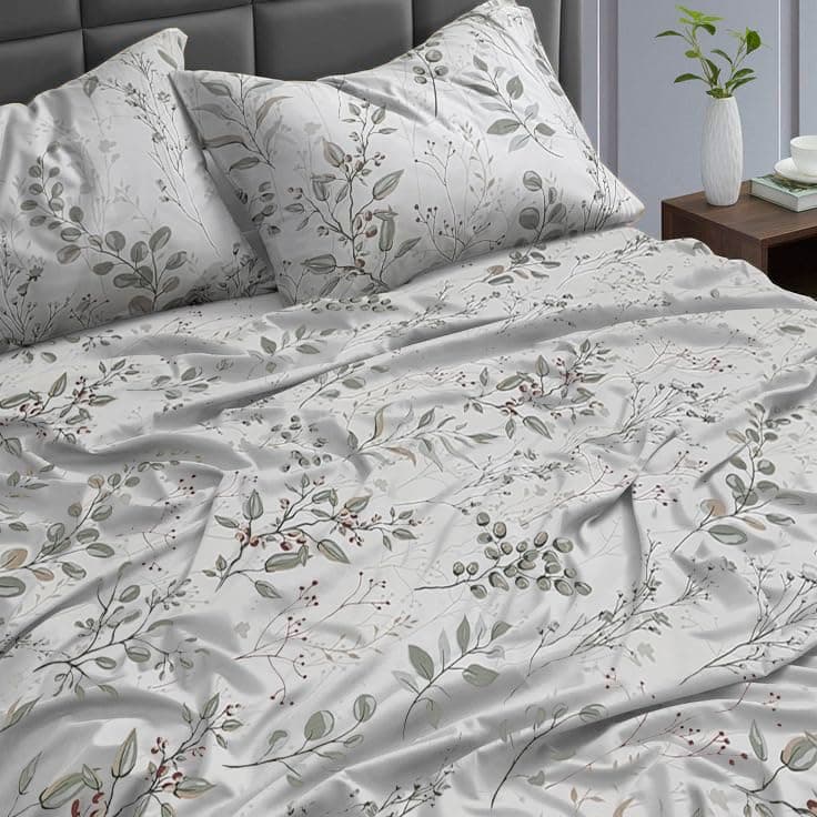 Ocra Cotton Bedsheet Set, Olivia Botanical Leaf, 3 Piece, Bedsheet with 2 Pillow Cases, 200x200 cm (3, King 180x200, Fitted Bedsheet)