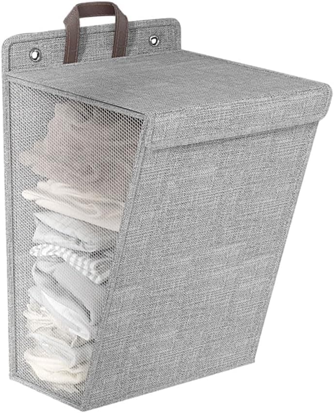 Hanging Mesh Laundry Basket Gray 57x40cm Wall Mount with Lid Side Opening