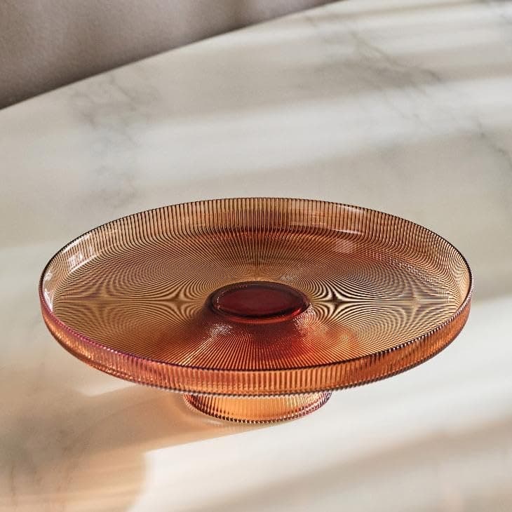 Generic Acrylic Cake Stand with Dome Cover, Honey Colour, Ribbed Design, 29cm Diameter, for Cakes and Cupcakes, .kl
