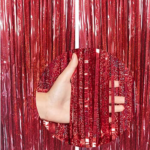 TENNYCHAOR 3.2ft x 6.6ft Tinsel Foil Fringe CurtainsParty Decorations,2 Pack Laser Rain Curtain Party Photo Backdrop for Birthday Bachelorette Decorations.(Red)