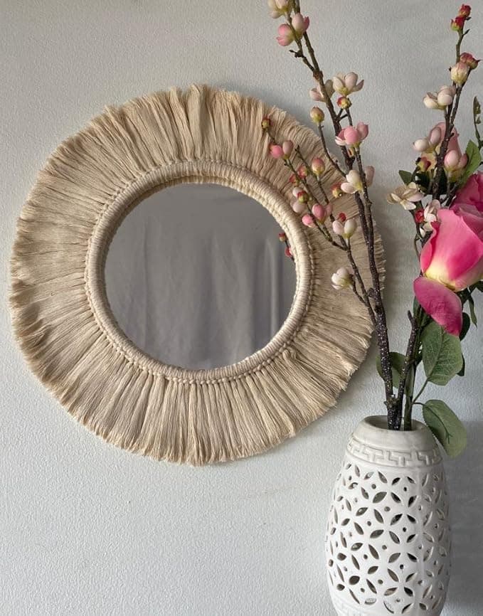Boho Round Wall Mirror with Macrame Fringe, 45L x 45W centimeters Home mirror