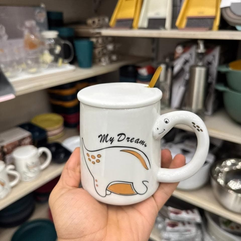 13oz 3D Porcelain Coffee Mug with Porcelain Lid and Stainless Steel Spoon