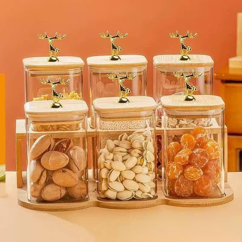 Generic Glass Legume Storage Jars 7-Piece Set with Wooden Stand, .sa Food storage container