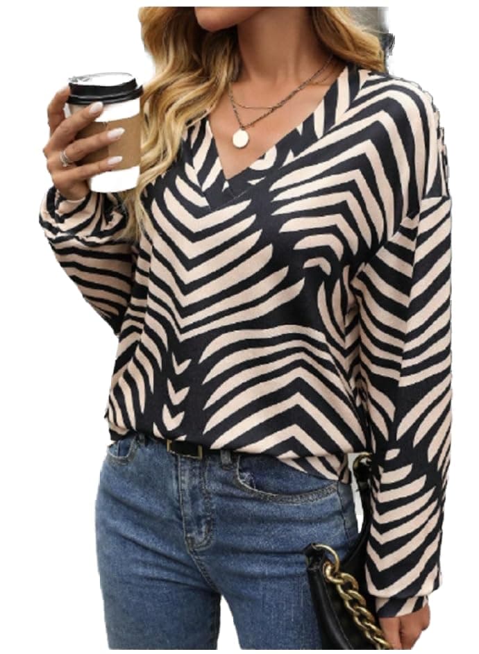 Women's New Printed Pleated V-Neck Casual Everyday Long Sleeve Sweatshirt Pullover Fall Outfit Shirt