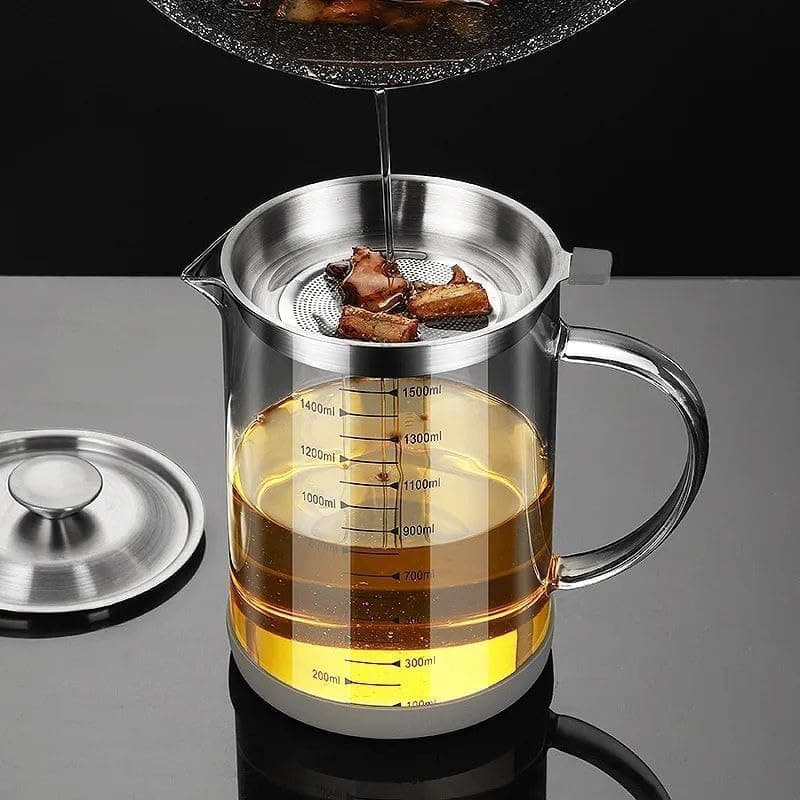 heat-resistant glass Oil Strainer Pot with Stainless Steel Filter and Lid 1500ml
