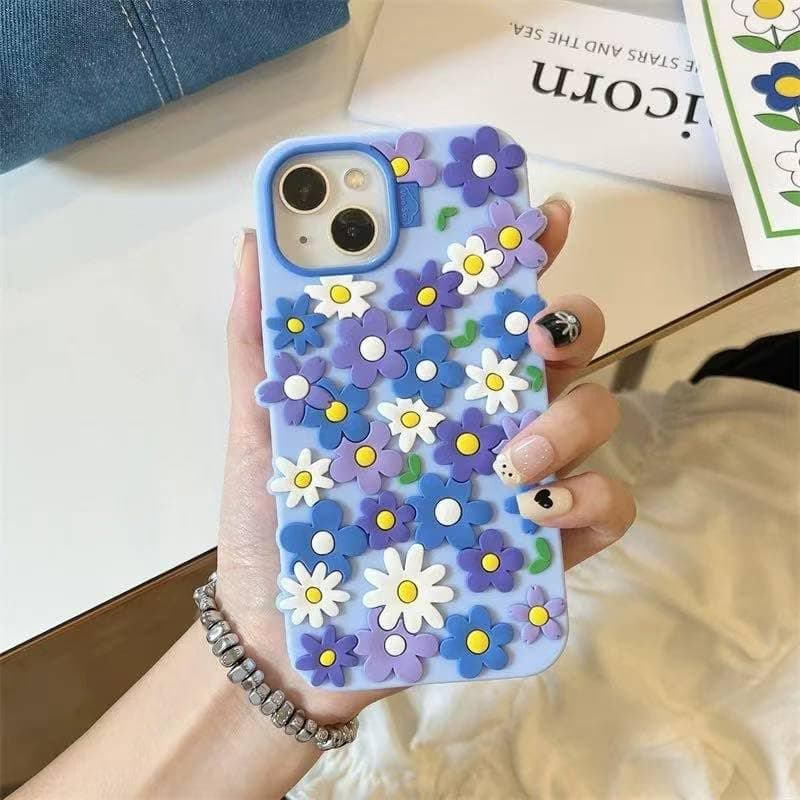 Ecosystem Stylish 3D Cartoon Case Compatible for iPhone 13/14 / 15, All-Round Protection, Anti-Slip, Scratch-Resistant, and Fun Aesthetic Cover (3D Blue Flower) Cellular phone case