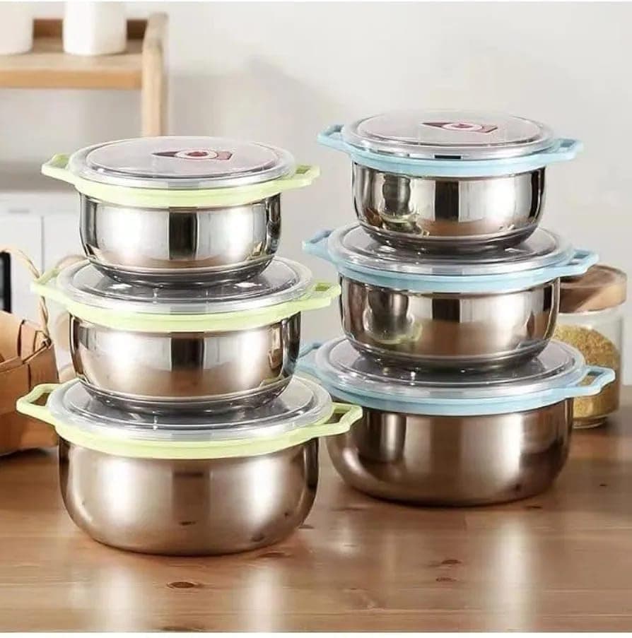 Generic Stainless steel fridge container set, 3 pieces with lids and silicone handles, .ais