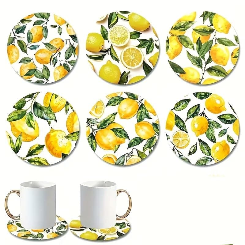 Green Leaves Lemon Round Coaster 10cm Kitchen Table Decor Drink coaster