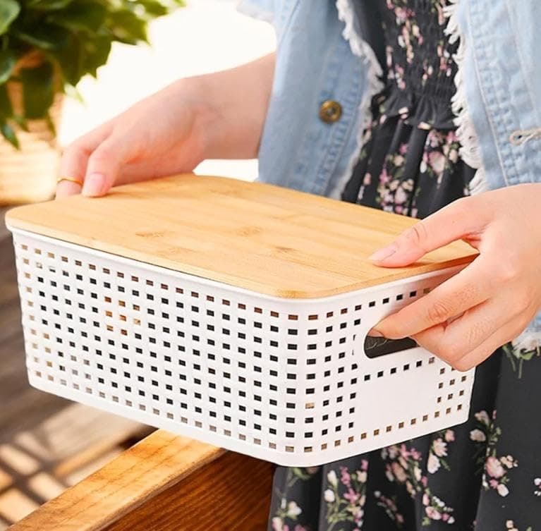 Generic Plastic Storage Basket with Bamboo Lid, White, for Kitchen, Bathroom and Dressing Room Organisation, .soh Storage box
