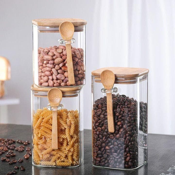 Generic Glass Food Storage Jar Set with Lids and Wooden Spoons, Airtight, 3 Pieces, for Tea, Coffee, Sugar, and Spices, .hs Food storage container