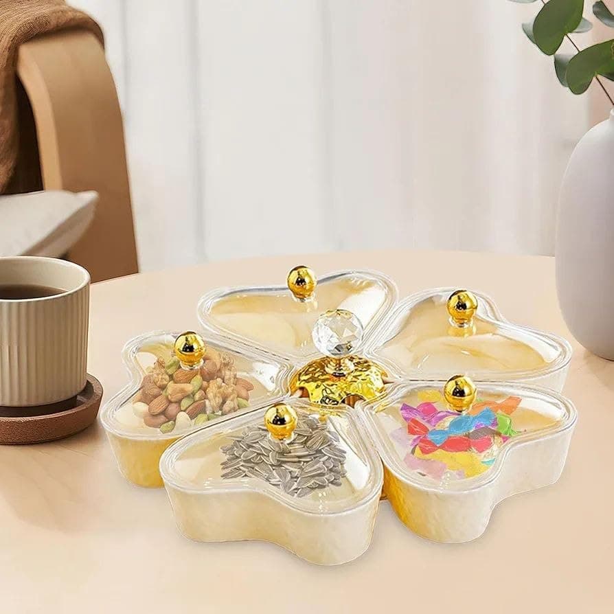 Generic 5-in-1 Rotating Heart-Shaped Snack Container, Acrylic Multi-Purpose Serving Tray with Lids, 28.5cm, for Fruit, Nuts, Candy, Cookies .db