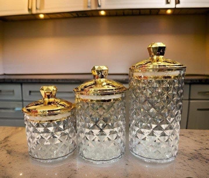 Generic Crystal Gold 3-Piece Glass Spice Set with Gold Lids, .bI