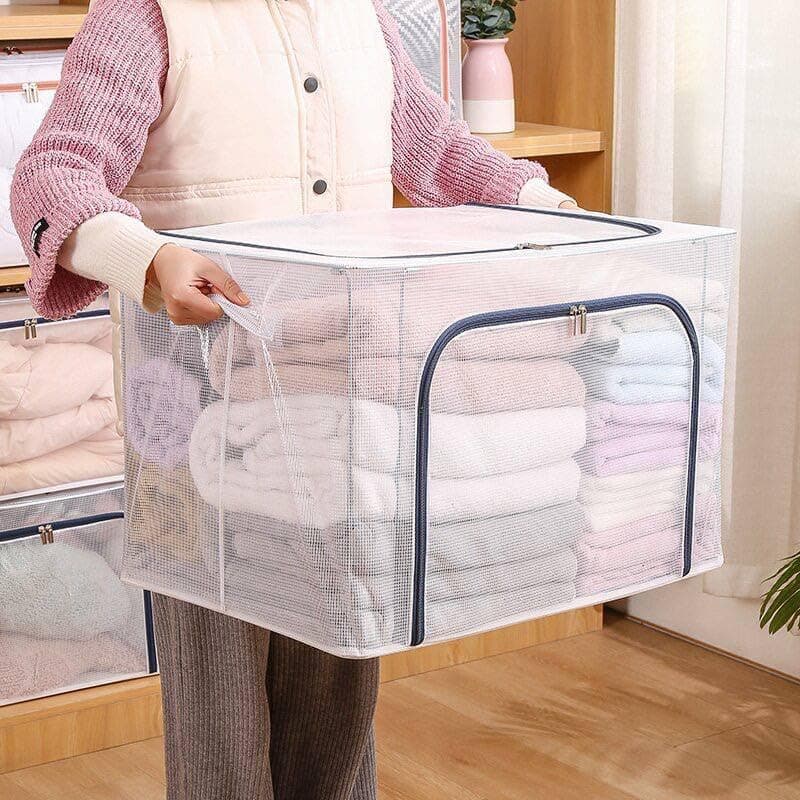Generic Transparent Storage Box with Metal Frame and Legs, Clear Organiser Container with Steel Support Structure .nin