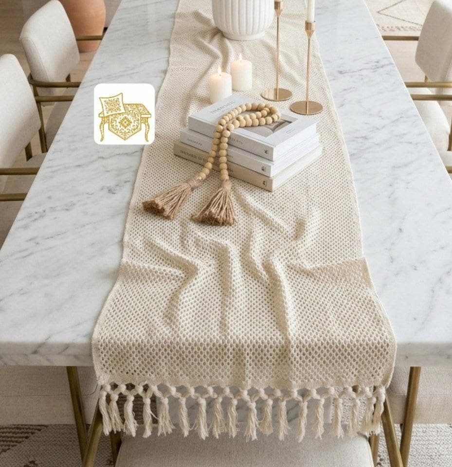 Generic Table Runner with Tassel Fringe, Beige Knitted Crochet, 120x45 cm, for Dining Room or TV Stand, .ms