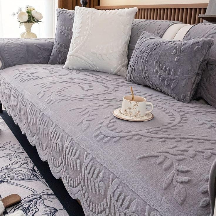 Generic Velvet Sofa Cover Set, 11 Pieces, Jacquard Faux Fur, Grey, Large Sofa 195cm x 90cm, Includes Armchairs and Armrests .sr (gray) Furniture cover