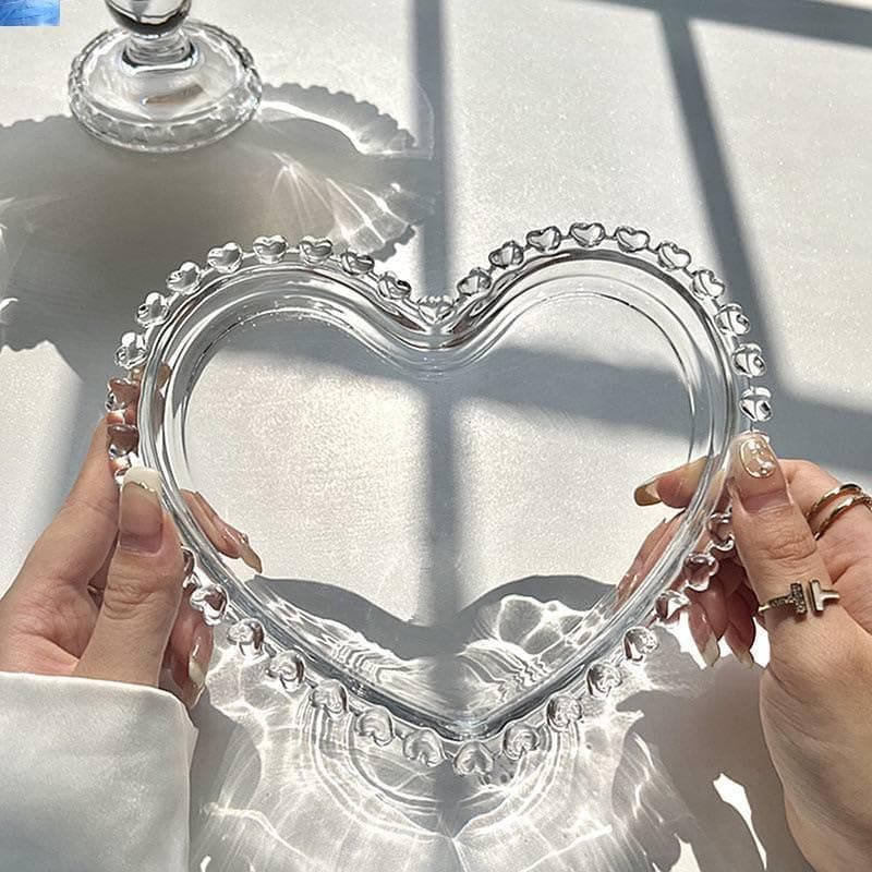 Generic Heart-Shaped Clear Glass Serving Dish, Bubble Edge Design, for Sweets, Nuts and Cakes, 12 x 16 cm, .nin Tray