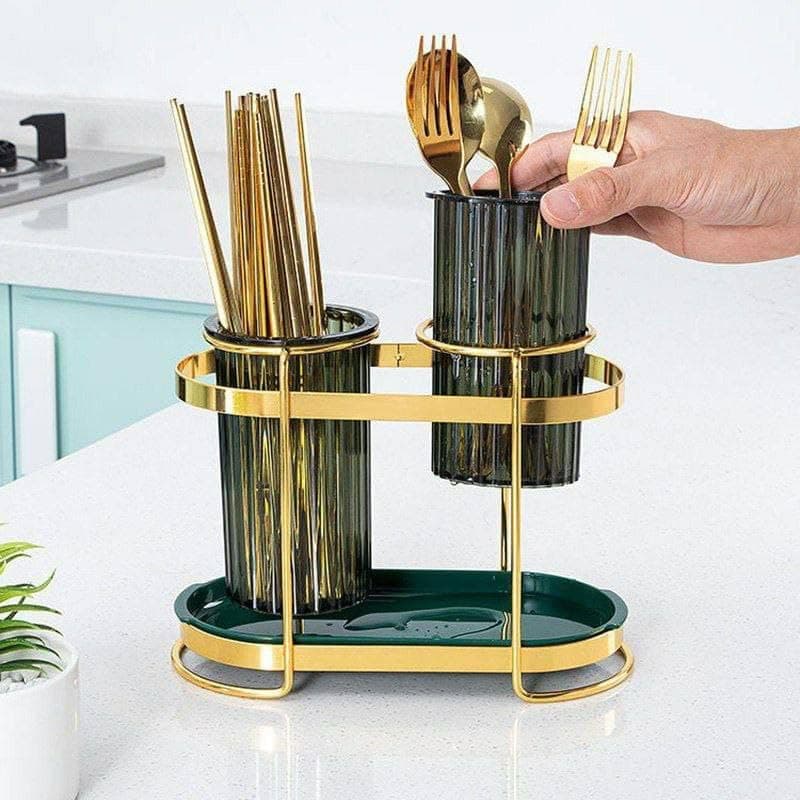 Generic Green Gold Double Cutlery Drainer with Metal Stand, Acrylic Multi-Purpose Spoons and Forks Organiser .mk Item container