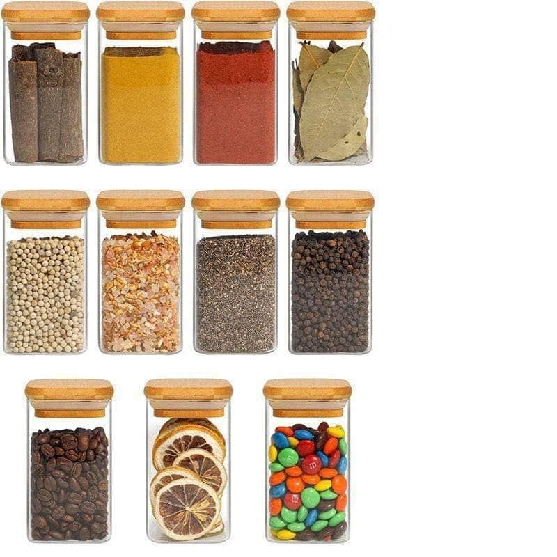 Generic Glass Spice Jars Set with Lids, Square, 8 Jars with Measuring Spoons and 2 Stand Pieces, .nin