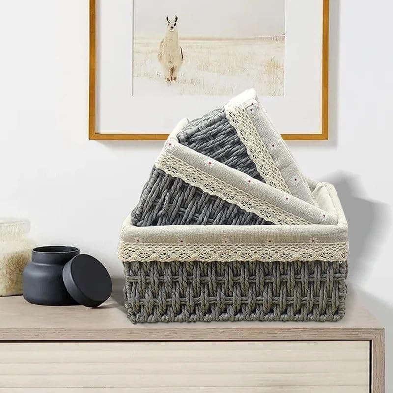 3-Piece Wicker Rattan Storage Basket Set with Linen Lining for Home & Bath