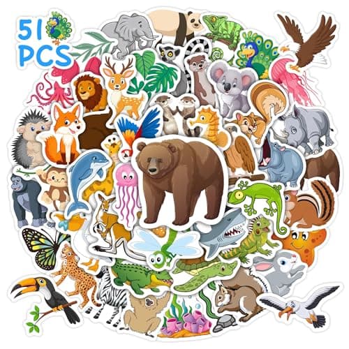 Bolcguri 50 Pcs Cute Animal Water Bottle Stickers, Cartoon Style Vinyl Waterproof Multi-Surface Decals for Kids, Skateboards, Phones & More