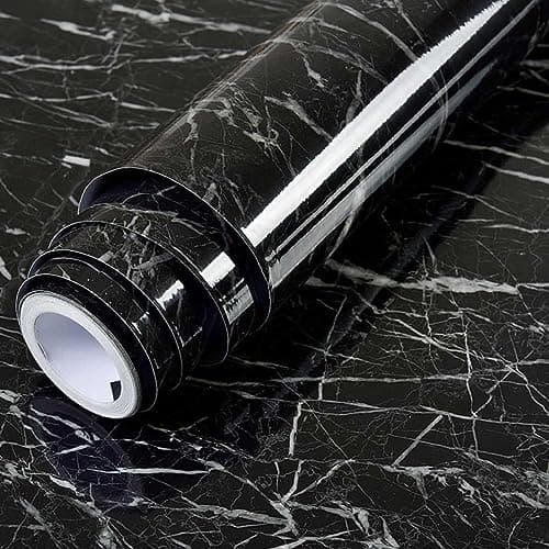 Black Marble 60cm*500cm Kitchen Oil Proof Aluminium Foil Stickers, Kitchen Backsplash Wallpaper, Self-Adhesive Wall Sticker Waterproof Anti-Mold and Heat Resistant for Walls Drawer