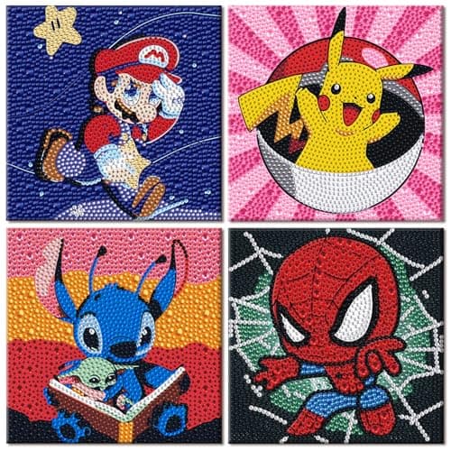 HuazhiJing Diamond Painting Children from 6 7 8 9 10 11 12 Years Boy, 4 Pack Cute Anime Diamond Painting Pictures Children's Set, DIY Mosaic Craft Set, Creative Gift Boys 15 x 15 cm Art craft kit