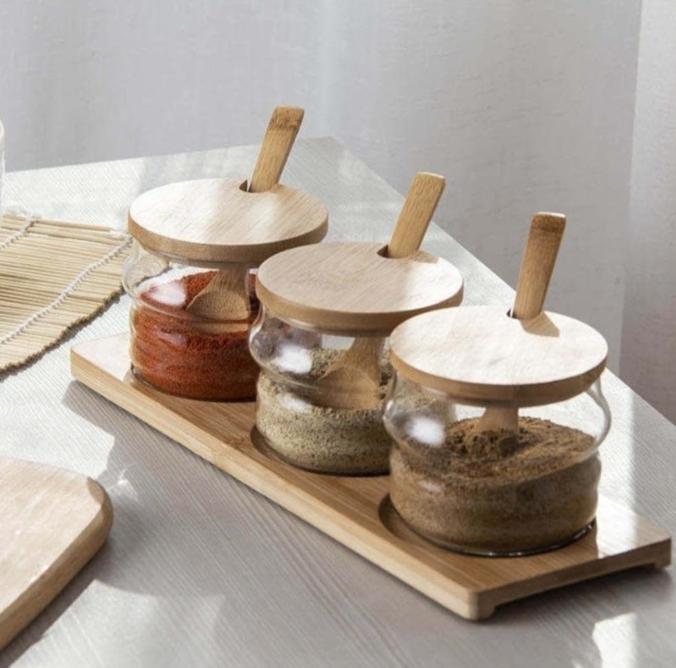 Generic Glass Spice Jar Set of 3 with Lids, Wooden Spoons and Serving Tray, 300ml Each, .F