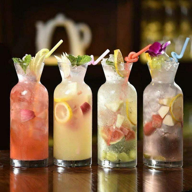 Generic Glass Carafe Set with Straws, 350ml Capacity, Pack of 6, Clear .soh Bottle
