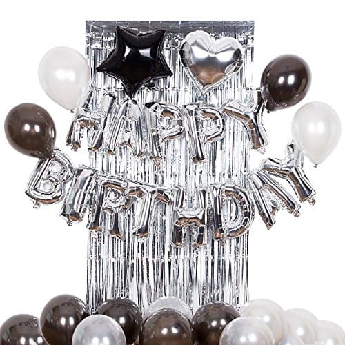 JMAY Silver Happy Birthday Alphabet Balloon Banner for Birthday Party Decoration Black and Silver Brilliant Foil Balloons Balloons, Metallic Tinsel Foil Fringe Curtains