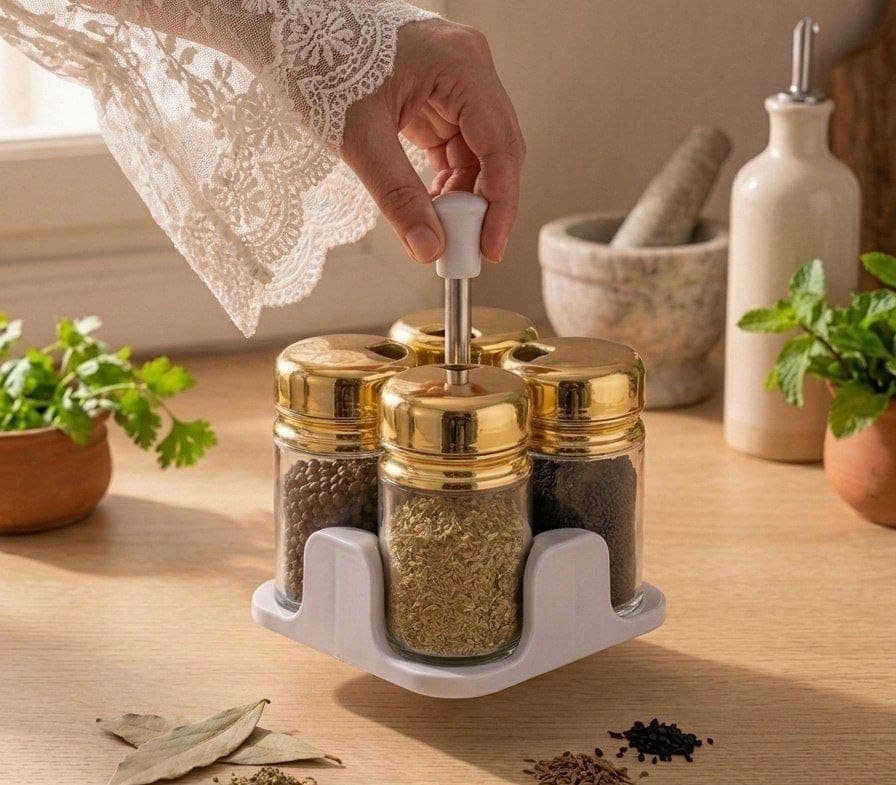 Generic Glass Spice Jar Set with Rotating Gold Lids, 4 Shakers on Stand, 200 ml Capacity, for Salt, Pepper, Cumin and Chilli Powder, .db Food storage container