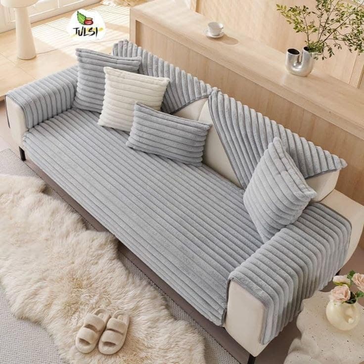 Generic Ribbed Cotton Faux Fur Sofa Cover Set, Beige, 10-Piece Set with Large Sofa Cover 190x85cm, Small Sofa Cover 145x85cm, 2 Chair Covers 80x80cm, 6 Cushion Covers 50x50cm .flo (gray) Furniture cover
