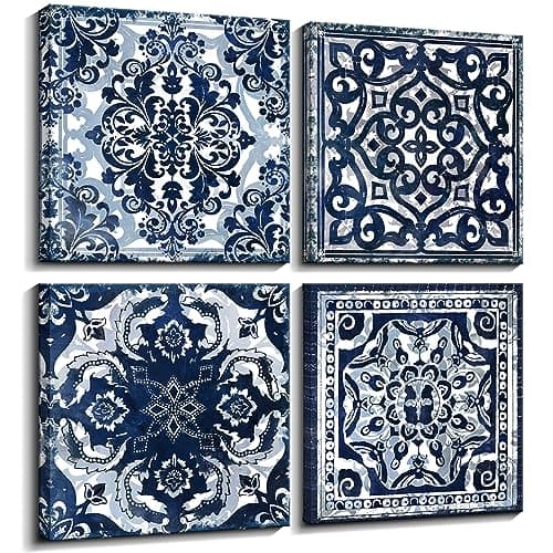 Mofutinpo Bedroom Decor Canvas Wall Art Flower Pattern Prints Bathroom Abstract Pictures Modern Navy Framed Wall Decor Artwork for Walls Hang for Bedroom 4 Pieces Wall Decoration Size 14x14 Each Panel
