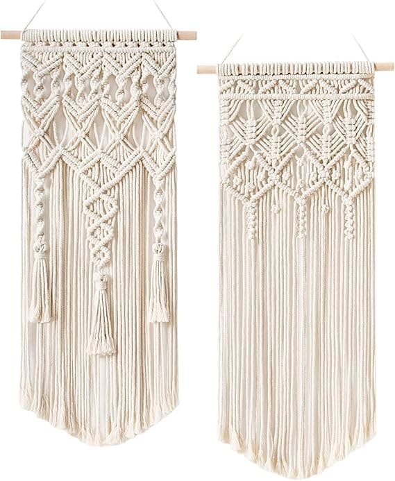 Macrame Wall Hanging Set of 2, Boho Cotton Rope Woven Tapestry with Fringe, Beige,32''L x 17''W Wall art