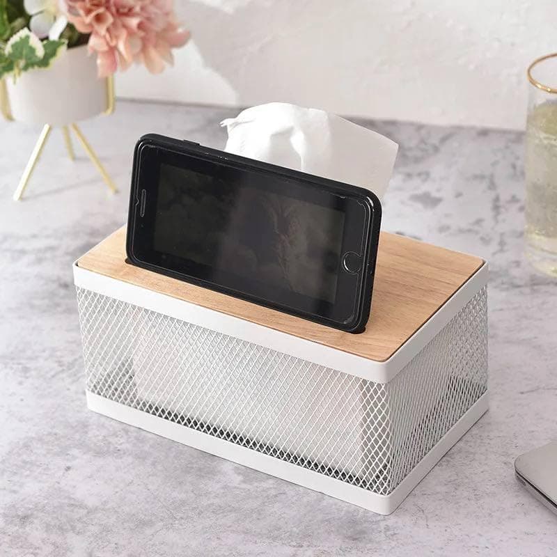 Generic Metal Mesh Tissue Box with Bamboo Lid and Mobile Phone Holder, White, 21x12x10 cm, .sa Facial tissue holder