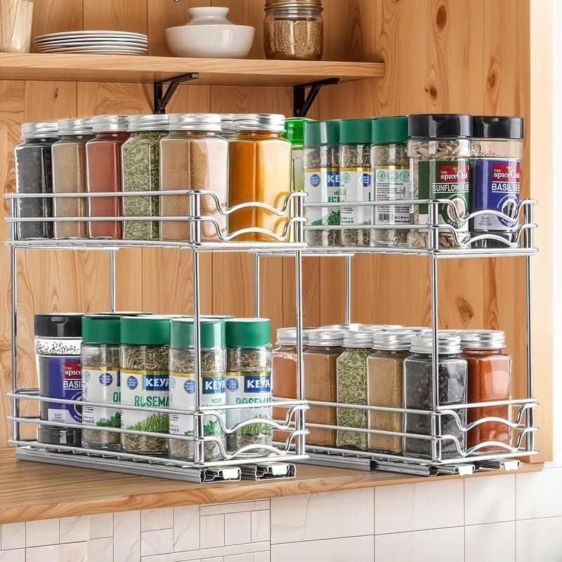 2-Tier Metal Sliding Cabinet Organizer for Kitchen and Bathroom Rack