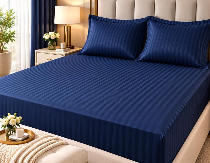 (QBED) High Quality Sateen Cotton Fitted Sheet (Navy Blue, 16 * 200 * 30cm)
