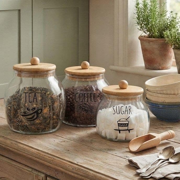 Generic Glass Tea Coffee Sugar Canisters Set of 3 with Wooden Lids, .db