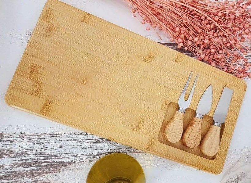 Generic Bamboo Cheese Cutting Board Set with 3 Stainless Steel Tools, Rectangular Serving Board, 18 x 36 cm, 4-in-1 .db Tray