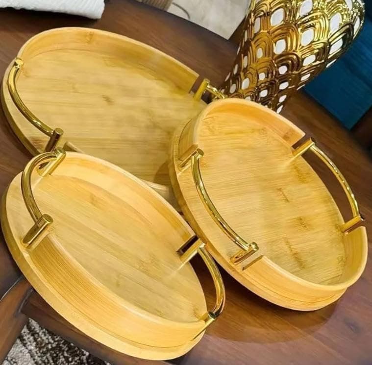 Generic Oval Serving Tray Set with Gold-Plated Steel Handles, 3 Pieces, 24 cm, 29 cm, 34 cm, .za