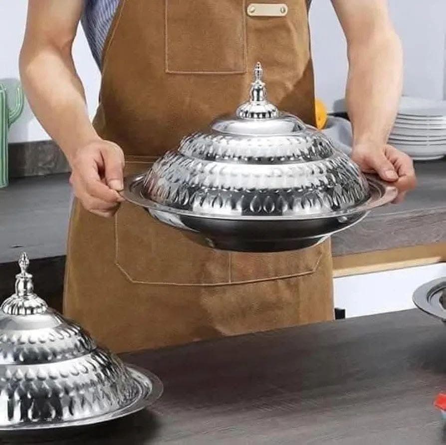 Generic Arabic Kabsa and Mandi Serving Tray with Bombay Lid, Silver, Decorative Design, High-Quality Imported .db