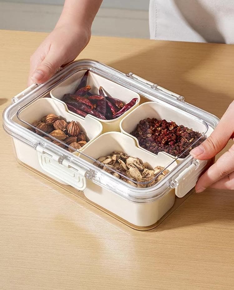 Generic 4-Compartment Food Storage Container with Sealed Lid, Divided Organiser for Refrigerator, Vegetables, Fruit and Spices, .mek