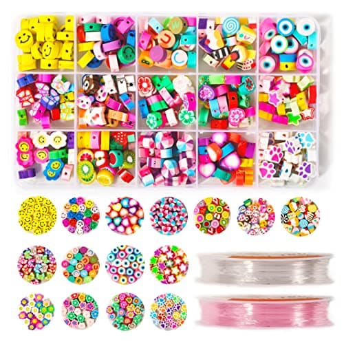JINDOUWIN 300 Mixed Polymer Clay Jewelry Beads Make , Beads for Kids Crafts ,Cute Smiley Face Letter Fruit Heart Beads for Bracelets Making Necklace Earring Kit