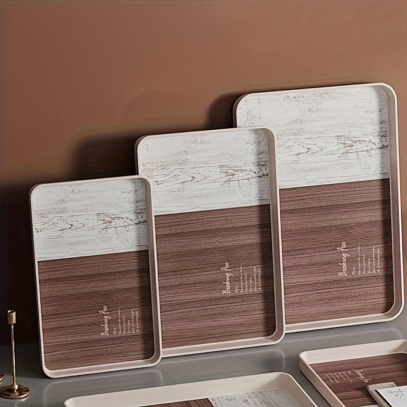 Generic Melamine Serving Tray Set, 3-Piece with High Edges, Wood Grain Design, Multiple Sizes (30x19x2.5cm, 35x23x3cm, 39x27x3.5cm) .ni