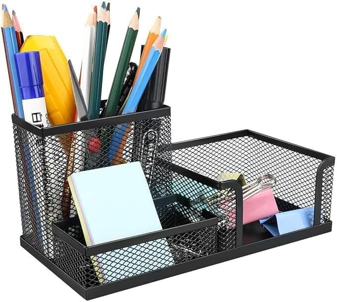 Circle M 3-Section Metal Mesh Desktop Pen Holder: Office School Storage Organizer – Black Caddy